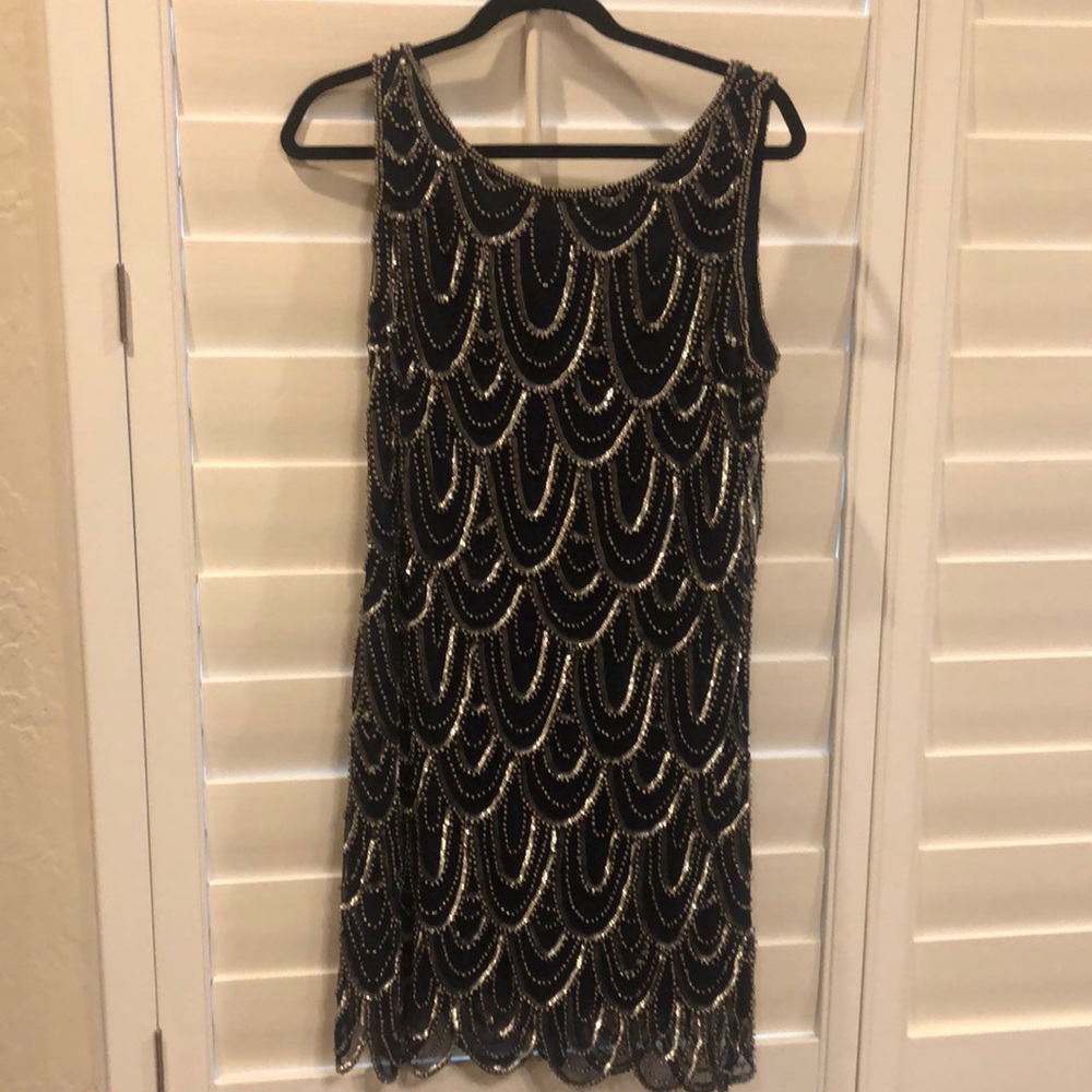 Pisarro Nights Black Beaded Cocktail Dress with Gold *Perfect Flapper Dress*